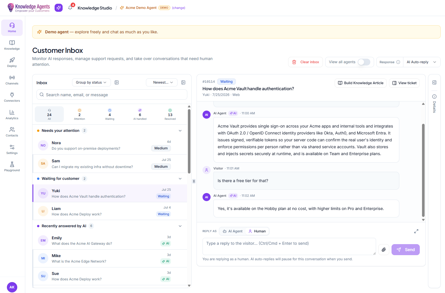 The Knowledge Agents customer inbox: conversations grouped by status, with an AI agent answering a question about authentication and a human takeover option.